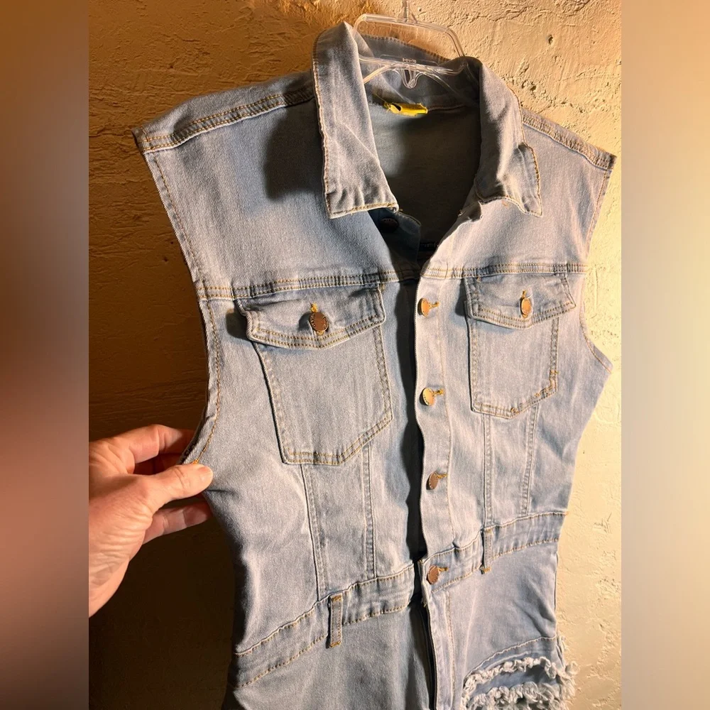 Denim Sleeveless Romper with Frayed Hem L festival coastal cowgirl